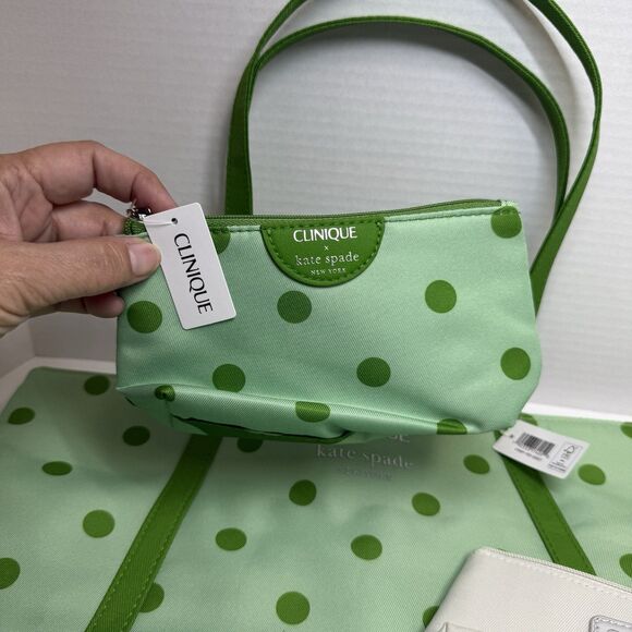 Kate Spade x Clinique Green Polka Dot Tote Bag Plus 2 Small Cosmetic Bags New - Picture 3 of 8